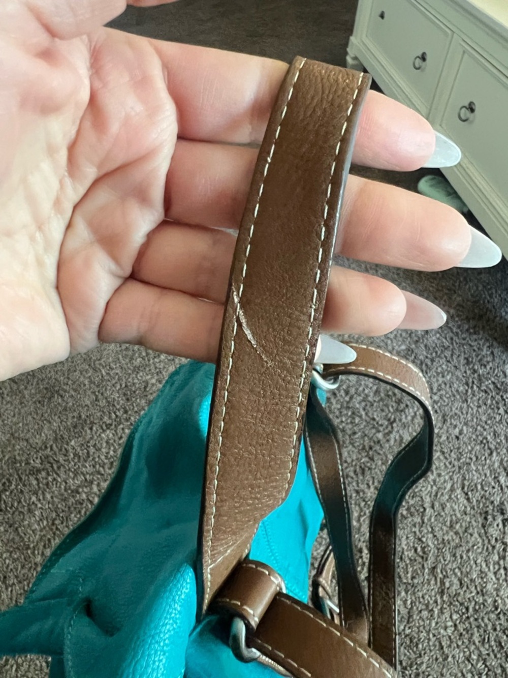 Nino BOSSI Turquoise Leather Drawstring Shoulder Bag with Brown Handles - Picture 7 of 7